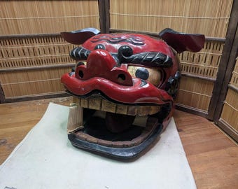 獅子頭 日本製 古漆塗り 金箔 目と歯付き 獅子舞頭 面 神楽 獅子頭