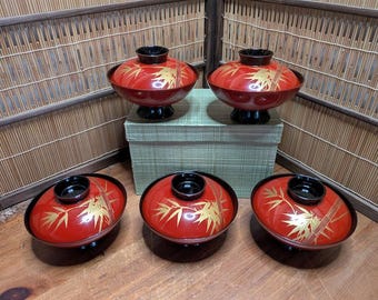 1950s Japanese Owan Rice Bowl Set 24K Gold Signed Box Antique Japan OO2