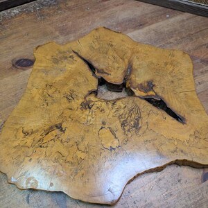 May include: A unique, irregularly shaped wooden slab with a natural edge. The slab is a warm, golden-brown color with darker, intricate grain patterns and a large, dark split. This rustic piece could be used as a decorative element or a small table.