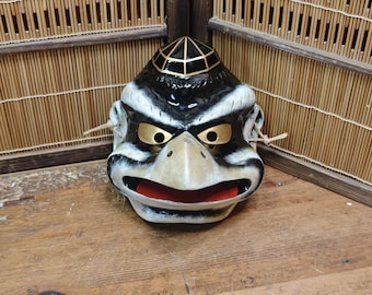 Zeldzaam Japans Karasu Tengu-masker Handgemaakt aardewerk Volkskunst Showa-tijdperk J23