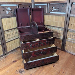 Japanese Vintage 1980s Sewing Box 4 Drawer Organizer 3kg+ about 6.6+ lbs Okinawa Flower Engraved Gov’t Auction Wabi Sabi Japan Storage C124