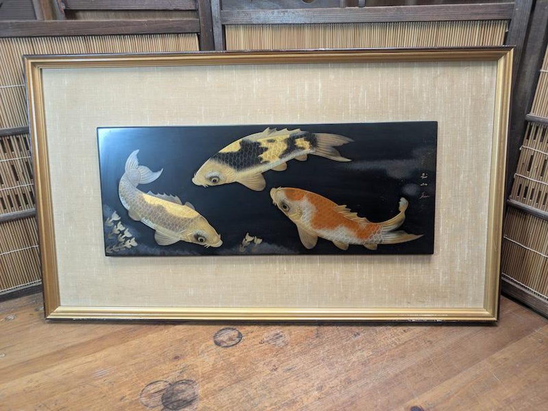 Japanese 1957 Wajima Lacquer Panel Choshitsu Koi Carp Maki-e Gold