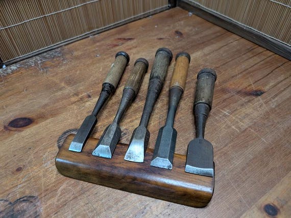 Rare Japanese Steel Chisels Signed Set of 5 Antique Woodworking Tools Auction JPN N25