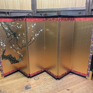Vintage 1970s Japanese Byobu Screen • Gold Leaf Hand-Painted Plum Tree • Gov Auction ii16