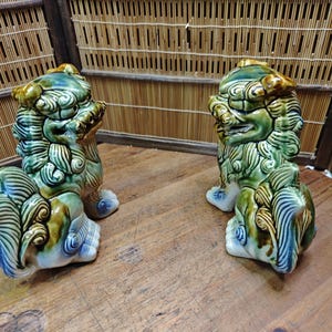 Large Okinawan Shisa Lion Pair Vintage Ceramic Guardians Japan Gov Auction C353 image 5