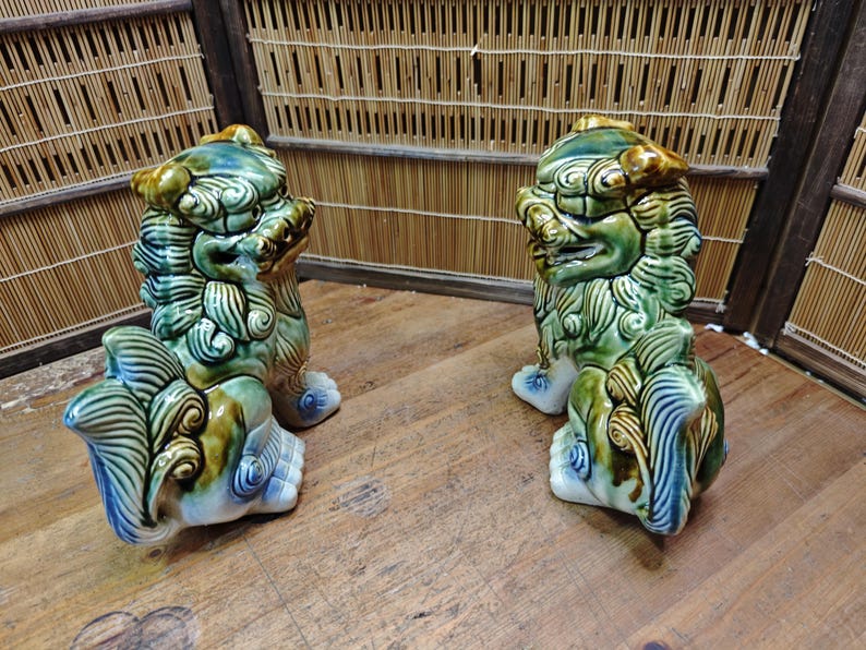 Large Okinawan Shisa Lion Pair Vintage Ceramic Guardians Japan Gov Auction C353 image 5
