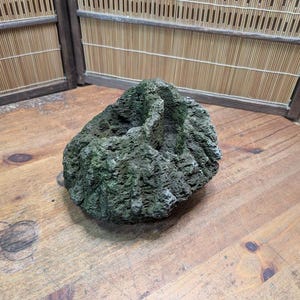 Puede incluir: Una roca texturizada de color verde oscuro con una superficie rugosa descansa sobre una mesa de madera. La roca tiene una forma natural y est&aacute; colocada contra un fondo de madera con un dise&ntilde;o de bamb&uacute;.