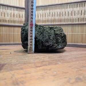 Puede incluir: Una roca porosa de color verde oscuro con una regla al lado, que mide aproximadamente 7,6 cm de altura. La roca se encuentra sobre una superficie de madera, con una pantalla de bamb&uacute; en el fondo. La textura de la roca es &aacute;spera y desigual.