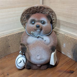 Rare 1960s Japanese Tanuki Statue • Shigaraki Ware Ceramic Raccoon • Big Size • Fur Detail • Handmade Pottery • Japan Vintage Decor E14