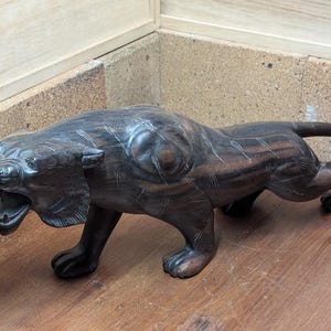 Extremely Rare 1960s Japanese Tiger Statue | Handcrafted from Kokutan Ebony Wood | Vintage Japan Collectible | Heavy Wood Sculpture R3