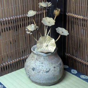 Rare Japanese Bizen Vase with 1930s Brass Flowers | Ikebana Arrangement | Gov’t Auction Find | Vintage Japan | Unique Decor C65