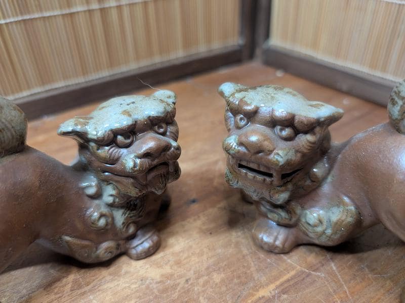 Traditional Okinawan Shisa Lion Pair 1960s Hand Painted Ceramic