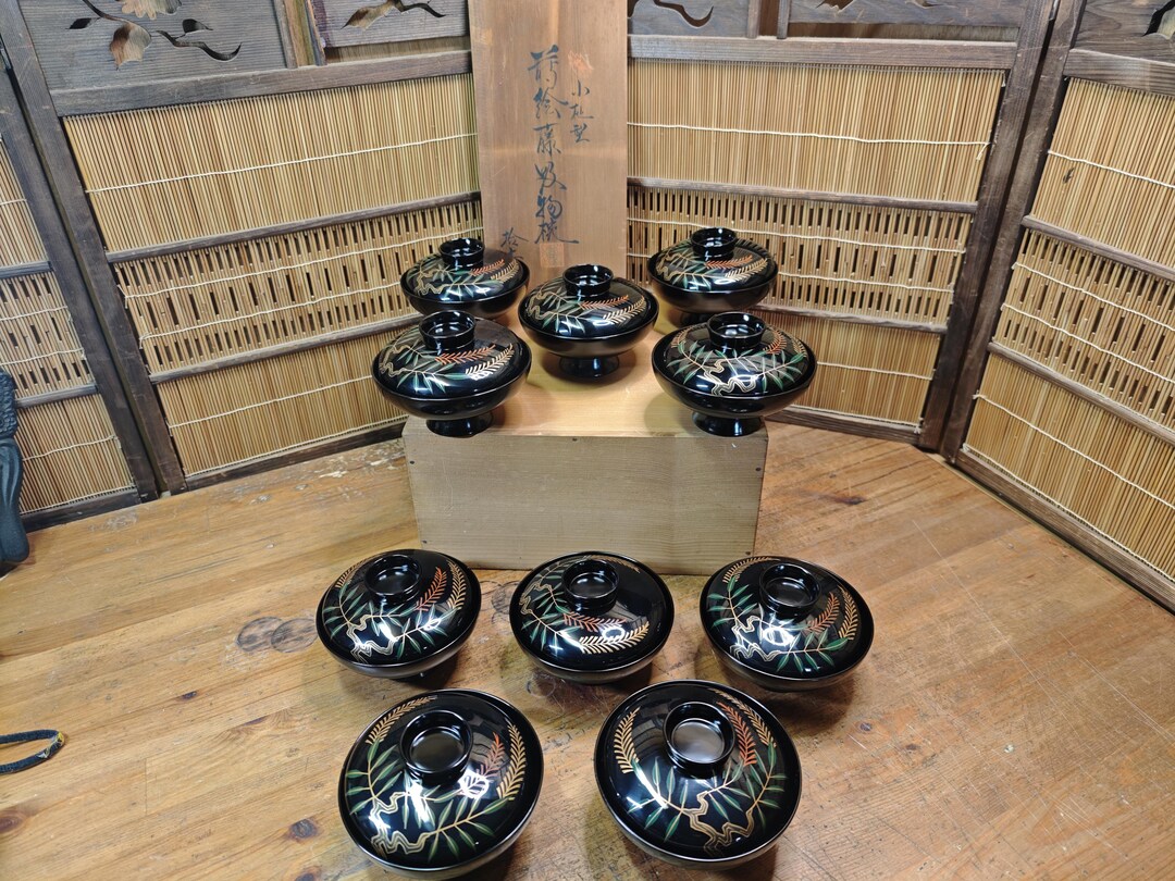 1950s Wajima Nuri Lacquer Soup Bowls Set Signed Box Maki-e Bamboo