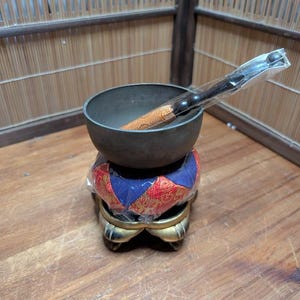 Extremely Rare Japanese Traditional 1940s Antique Bronze Rin Bell w/ Stand & Kimono Pillow Tea Ceremony or Altar Decor Gov Auction Japan Q4