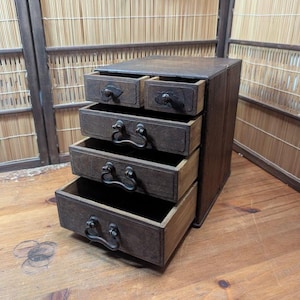Rare 1940s Japanese Wooden Sewing Box 5 Drawer Chest – Wabi Sabi Vintage Storage – Gov Auction Antique Japan Organizer Cabinet C107