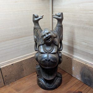 Japanese Vintage 1970s Wooden Statue – Hotei-san Buddhist Collectible (~5kg / 11lbs, Hand-Carved Ebony Wood) Japan government auction C43