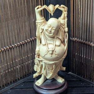 Vintage Chinese Resin Hotei Statue • Buddhist Lucky Charm • White & Brown Figurine • Ships from Japan • Wabi-Sabi Decor Collectible AA3