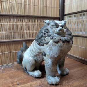 Extremely Rare 1800s Japanese Antique Komainu Shisa Guardian Lion Dog Statue | Unglazed Mino Earthenware Temple Protector C165