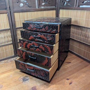 Japanese Vintage 1980s 5 Drawer Large Box | Okinawa Flower Engraved | Gov’t Auction | 3kg / 6.6lbs | Wood Storage Chest Japan RR13