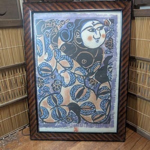 Japanese Vintage 1960s Shikō Munakata Woodblock Print | Framed Hand-Colored Woodcut | Rare Collectible Fine Art | Made in Japan C155