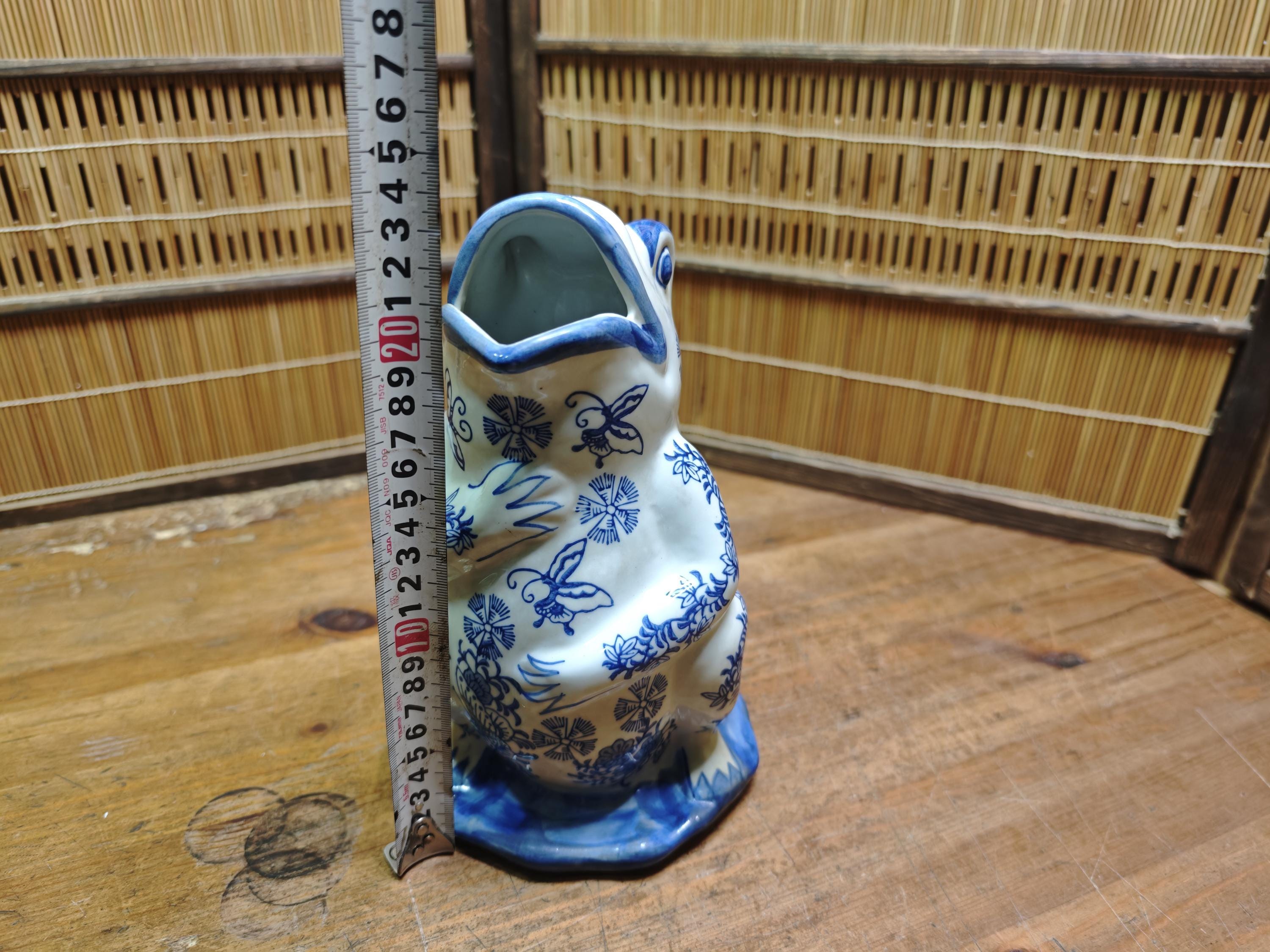 Vintage Blue White Frog Pitcher Chinoiserie Ceramic Gurgle Jug
