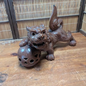 Rare 1950s Japanese Shishi Lion Statue | Shigaraki Ware Guardian Shisa shishi Foo Dog Figurine Handmade Pottery from Japan Gov Auction RR15