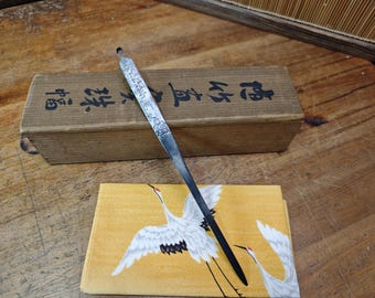 Antik japansk stål Kogai hårnål Edo Meiji handgraverad signerad Muneyoshi LL7