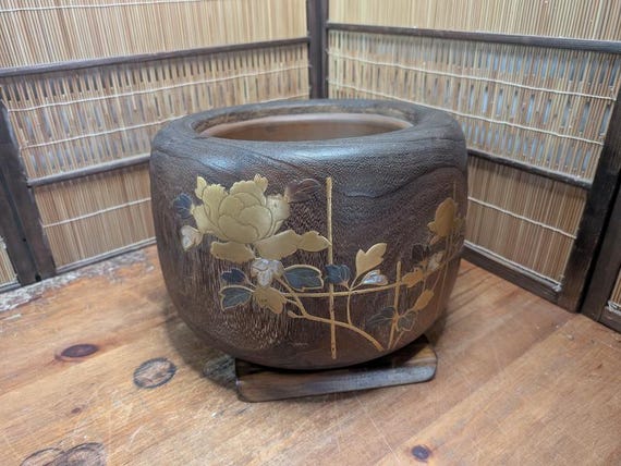 Vintage Japanese Hibachi Brazier Makie Lacquered Wood Tea Ceremony Heater Japan Auction CS133