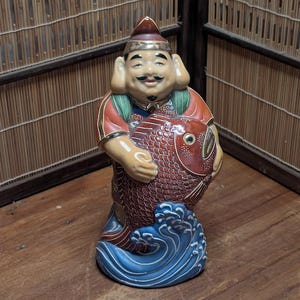 Japanese Vintage 1970s Kutani Ware Ebisu Figurine  Seven Lucky Gods Colorful Porcelain Statue Made in Japan • Rare Find Gov Auction NN2