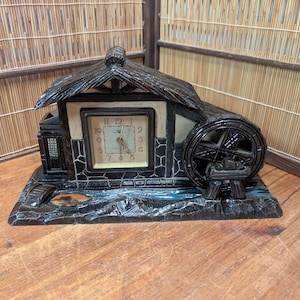 Extremely rare Vintage 1950s Japanese Wooden House Clock | Gov Auction | Hand-Carved | Rewind Type | Sold As Is Only | Wabi Sabi Decor EN1