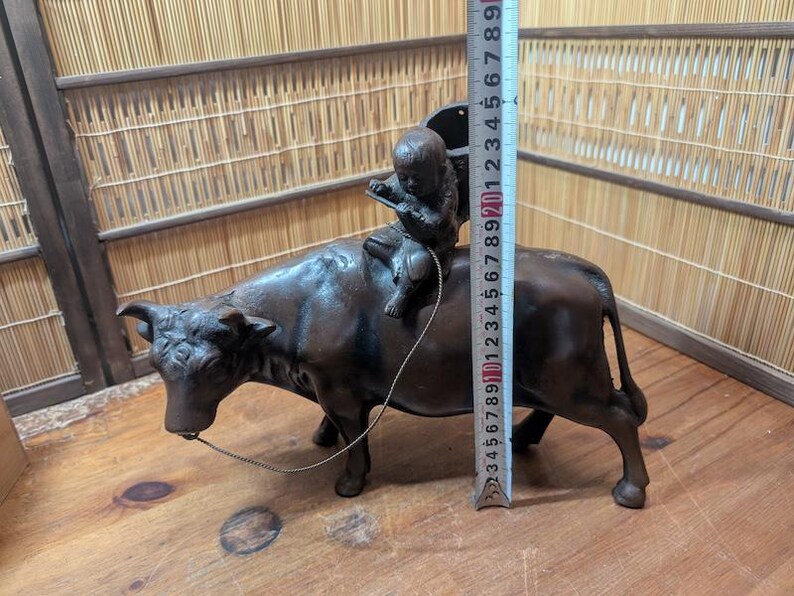Okinawa Bull Riding Antique Japanese 1940s Boy Riding Cow Statue Okinawa Metal Gov Auction ...
