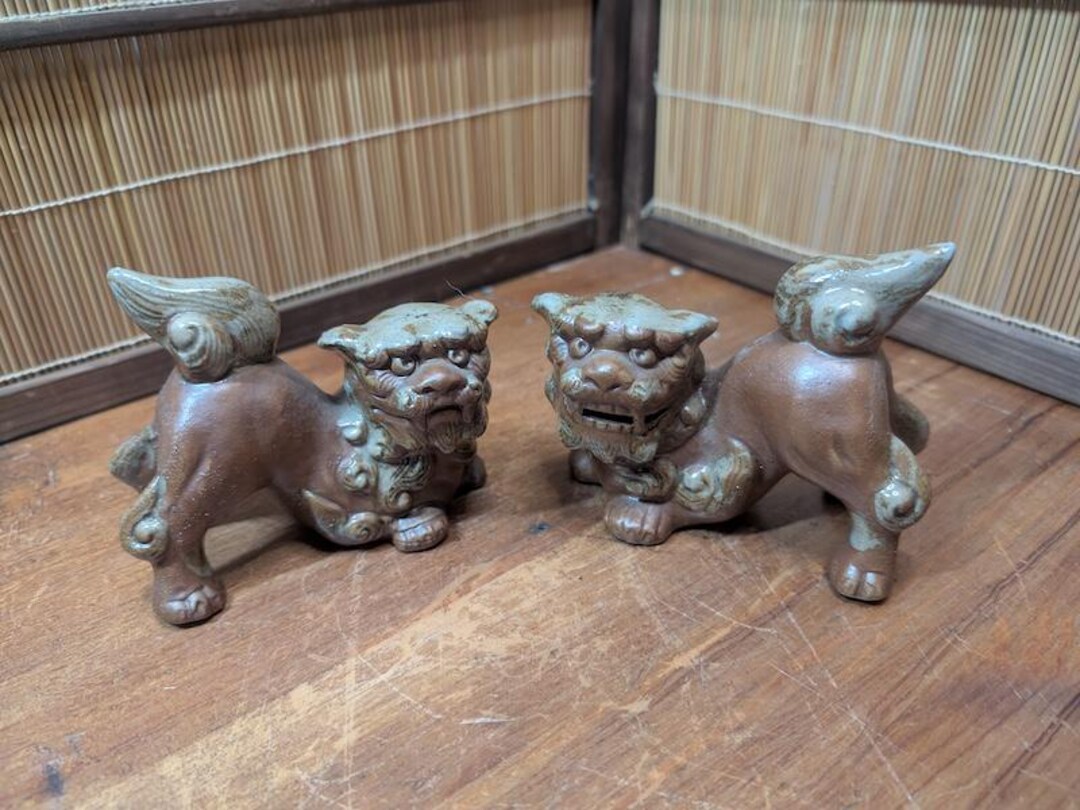 Traditional Okinawan Shisa Lion Pair 1960s Hand Painted Ceramic