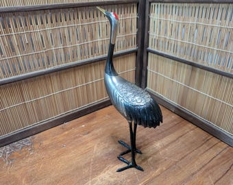 Japanese Antique 1950s Brass Crane Tsuru Statue Hand Painted Gov