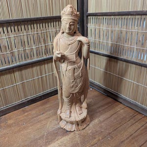 Rare 1950s Japanese Wooden Buddha Statue 聖観音 (Shō Kannon), Gov Auction, Hand-Carved, Vintage Japan Buddhist Art, Collectible EE2