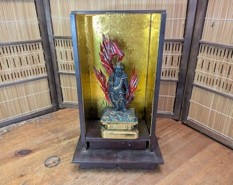 Extremely Rare Meiji Era 1800s Fudō Myō-ō Wooden Statue Original Showcase Auction Japan J12