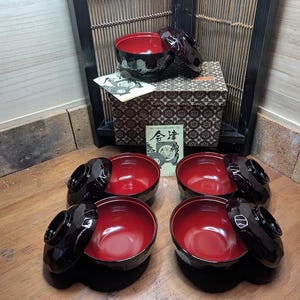 Japanese Vintage 1980s Lacquer Wood Rice Bowls (Owan) – Set of 5 | Unused, Original Box & Documents | Handmade by IWATAYA Japan XX6