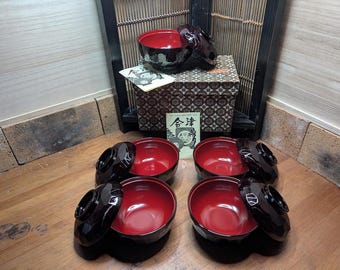 Japanskt lackerat risskålset oanvänd med ask och papper handgjort IWATAYA Japan XX6