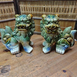 Large Okinawan Shisa Lion Pair Vintage Ceramic Guardians Japan Gov Auction C353 image 6