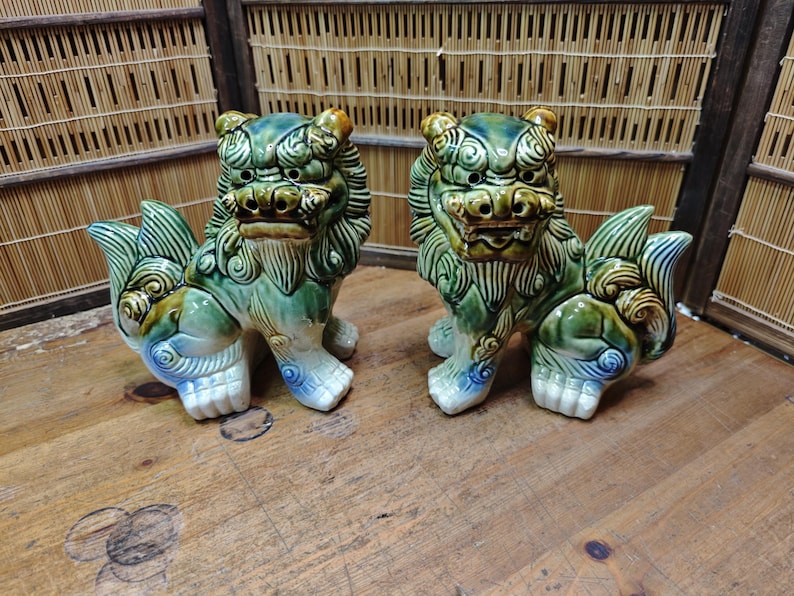 Large Okinawan Shisa Lion Pair Vintage Ceramic Guardians Japan Gov Auction C353 image 6