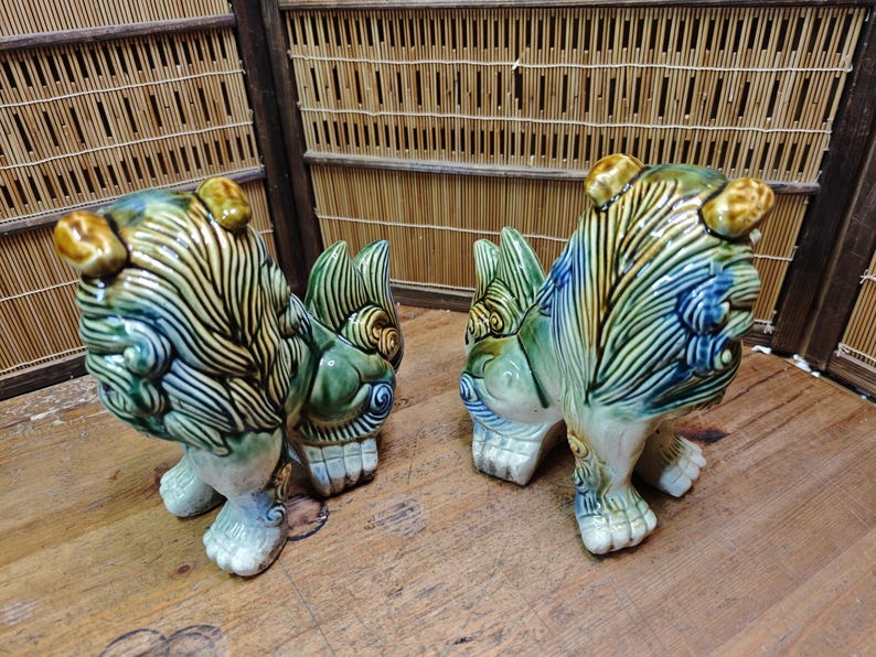 Large Okinawan Shisa Lion Pair Vintage Ceramic Guardians Japan Gov Auction C353 image 3
