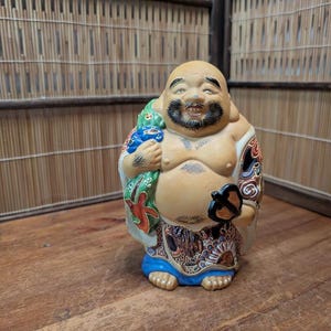 Vintage Japanese Hotei Statue 1970s – Kutani Ware Porcelain God of Happiness & Luck | Japan Gov Auction | Hand-Painted Home Decor A1-6