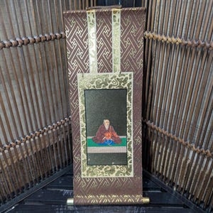 Vintage 1970s Mini Kakejiku | Japanese Wall Scroll Signed | Gold & Brown Hanging Art | Made in Japan | Wabi Sabi Decor A147