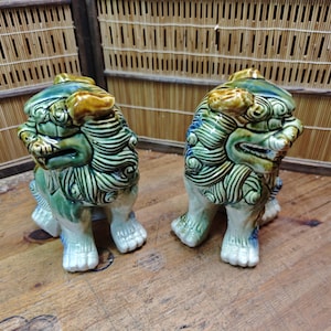 Large Okinawan Shisa Lion Pair Vintage Ceramic Guardians Japan Gov Auction C353 image 2
