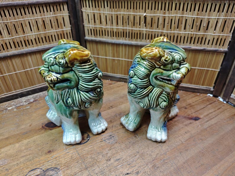 Large Okinawan Shisa Lion Pair Vintage Ceramic Guardians Japan Gov Auction C353 image 2