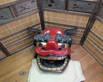 獅子頭 日本製 古漆塗り 金箔 目と歯付き 獅子舞頭 面 神楽 獅子頭