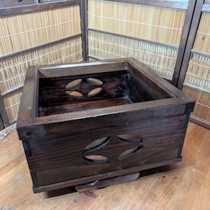 Japanese Antique 1950s Hibachi Box | Gov Auction | Hand-Carved with Authentic 1800s Wood Base | Wabi Sabi Storage Decor Made in Japan C126
