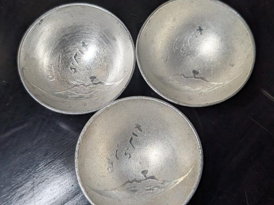 Authentic 1940s Japanese Tin Sakazuki Set of 3 Signed Sake Cups