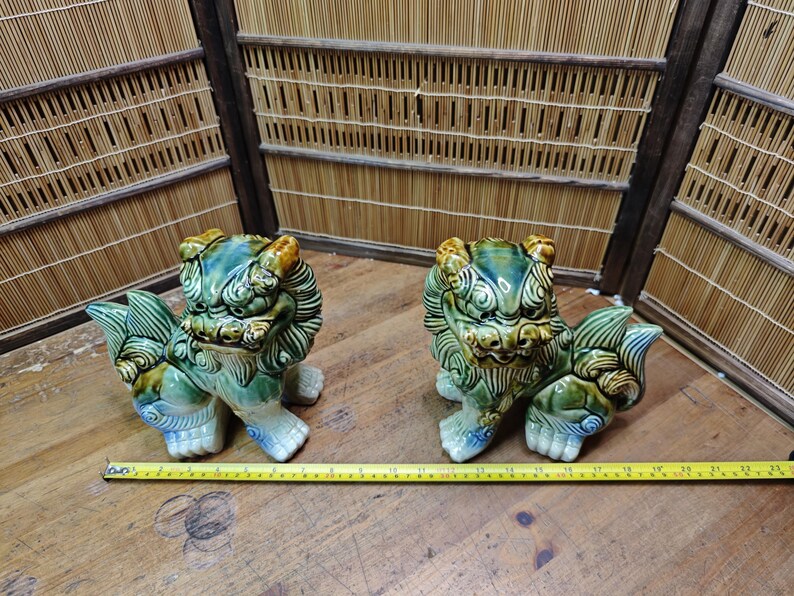 Large Okinawan Shisa Lion Pair Vintage Ceramic Guardians Japan Gov Auction C353 image 7