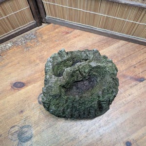 Puede incluir: Roca texturizada, cubierta de musgo verde, con una depresi&oacute;n central. Los colores dominantes son el gris y el verde, lo que sugiere un aspecto natural y envejecido. Podr&iacute;a ser un elemento decorativo.