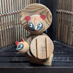 Vintage 1980s Japanese Tanuki Kokeshi Doll | Handmade Wooden Raccoon Figurine | Folk Art Collectible | Japan Gov Auction P14